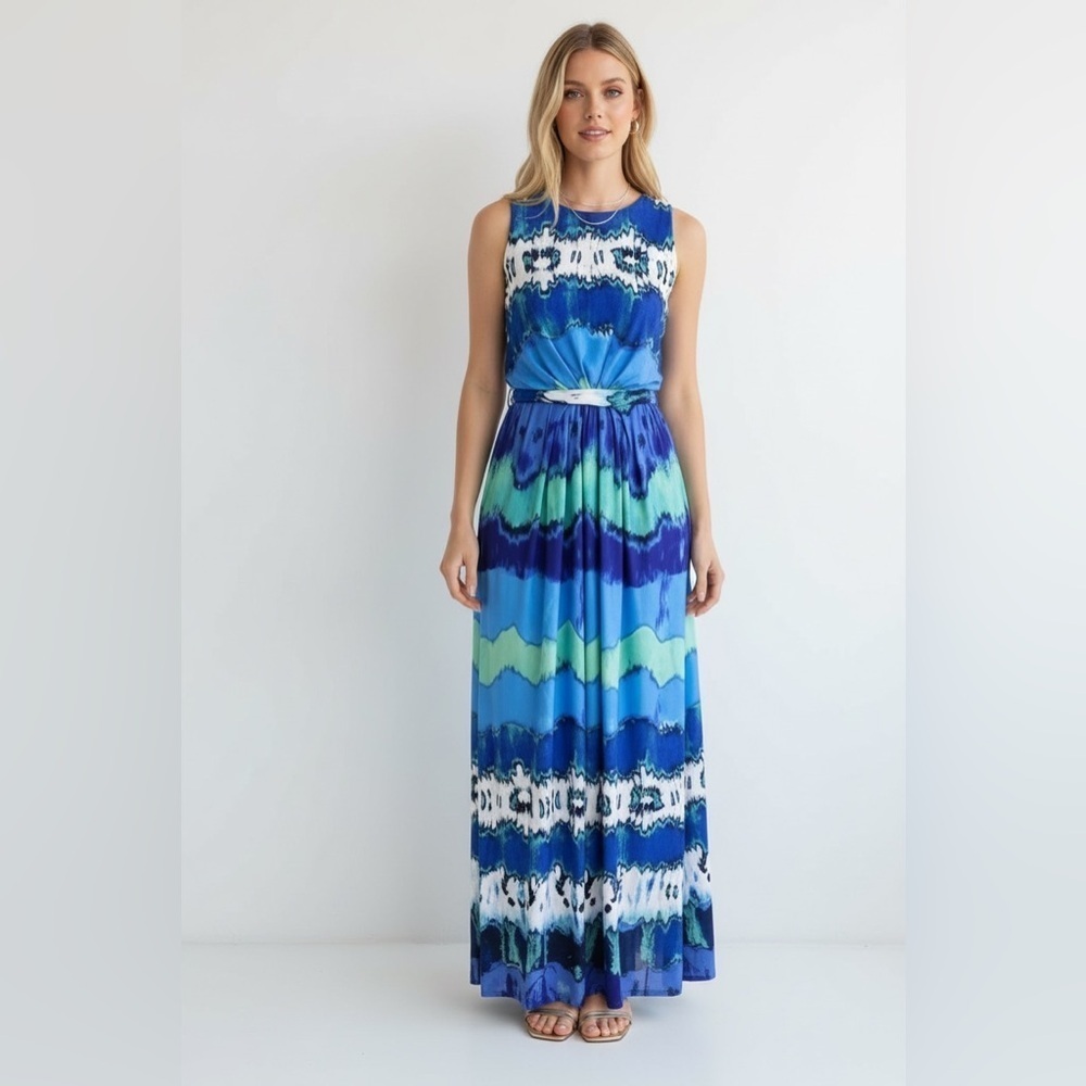 Donna Morgan Blue Teal Abstract Print Sleeveless Maxi Dress Size 6